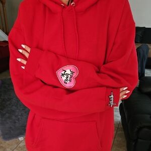 Christian Hoodie - Red,Hanes, Size L, Large.   Jesus Patches.  NWT.